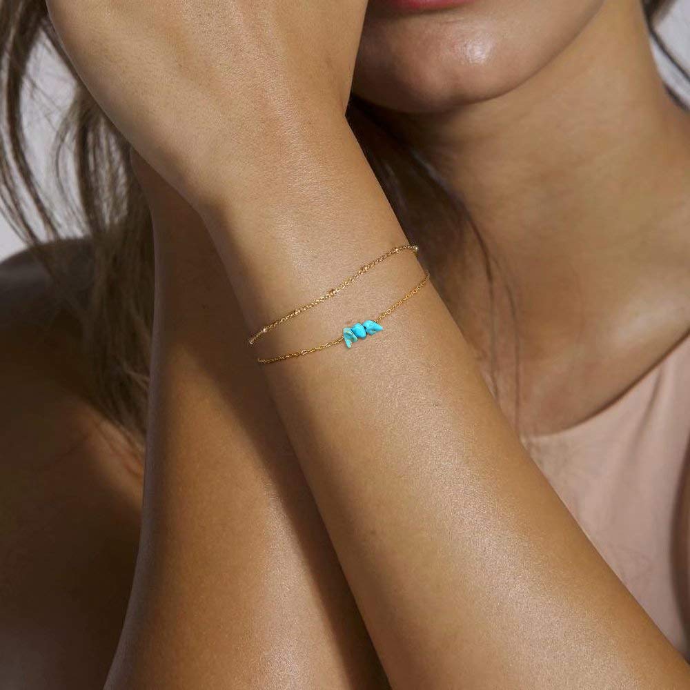 Turquoise&Beads Chain Dainty Gold Bracelets for Women