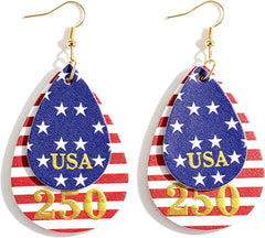 Turandoss 4th of July 250th Anniversary Earrings Gifts for Women Patriotic Red White and Blue American Flag Lightweight Dangle Leather Jewelry Independence Day Party Outfit Usa Accessories for Her