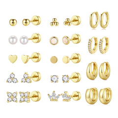 Turandoss Hypoallergenic Flatback Stud Hoop Earrings for Women - Surgical Stainless Steel 14K Gold Plated Earrings Trendy Small Hoops Cartilage Earring Stacks Huggie Jewelry Set for Multiple Piercing