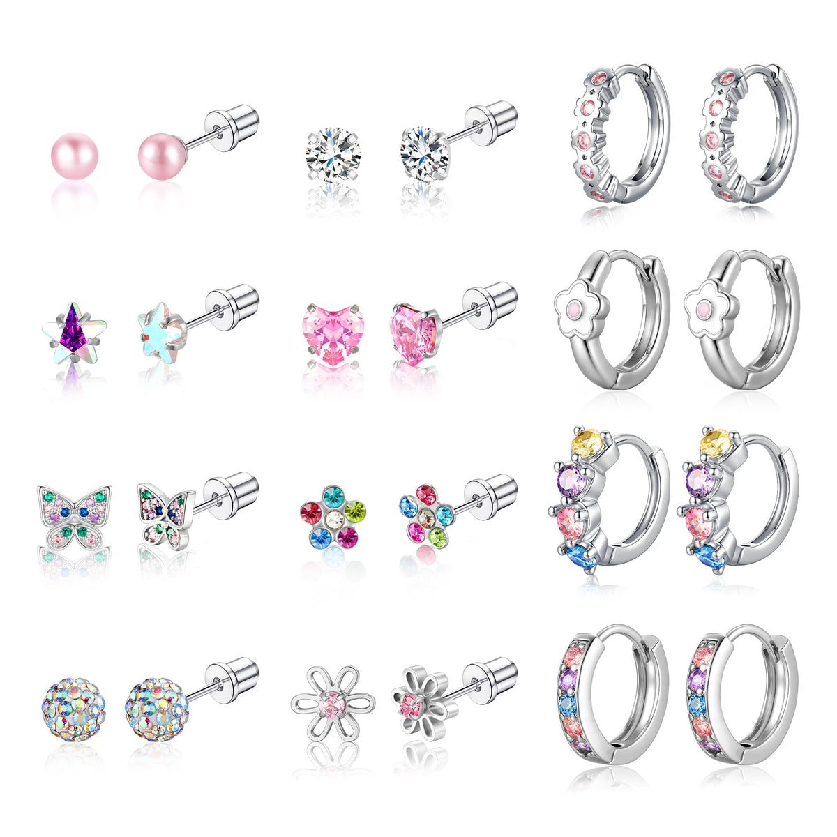 Turandoss Hypoallergenic Surgical Stainless Steel Earrings for Girls Kids Women - Screw Back Earrings set for Sensitive Ears Cute Flower Butterfly Toddler Stud Hoop Earrings Jewelry Gift