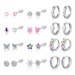 Turandoss Hypoallergenic Surgical Stainless Steel Earrings for Girls Kids Women - Screw Back Earrings set for Sensitive Ears Cute Flower Butterfly Toddler Stud Hoop Earrings Jewelry Gift