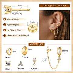 Turandoss 14K Gold Plated Hoop Stud Earrings for Women Hypoallergenic surgical steel Stackable Huggie waterproof Earrings Set for Multiple Piercings, Dainty Cartilage Lobe Jewelry Set