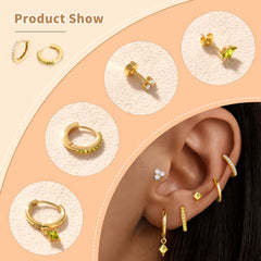 Turandoss 18K Gold Flat Back Stud Earrings for Women Girls, CZ Hoop Huggie Cartilage Clip on Dangle Earring, Birthday Valentine's Day Gifts for Wife