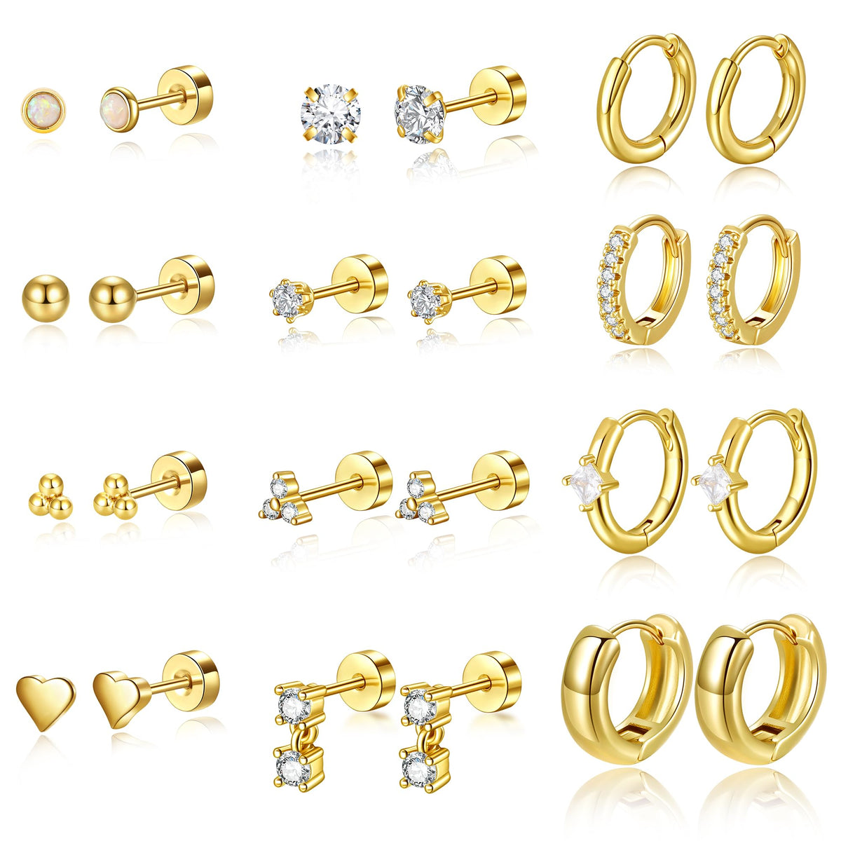 Turandoss Huggie small Hoop Earrings Sets for Women 14K Gold Plated Small Stud Earring Hypoallergenic Lightweight Surgical Steel waterp Gold Earrings Stacks for Multiple Piercings Jewelry Gifts