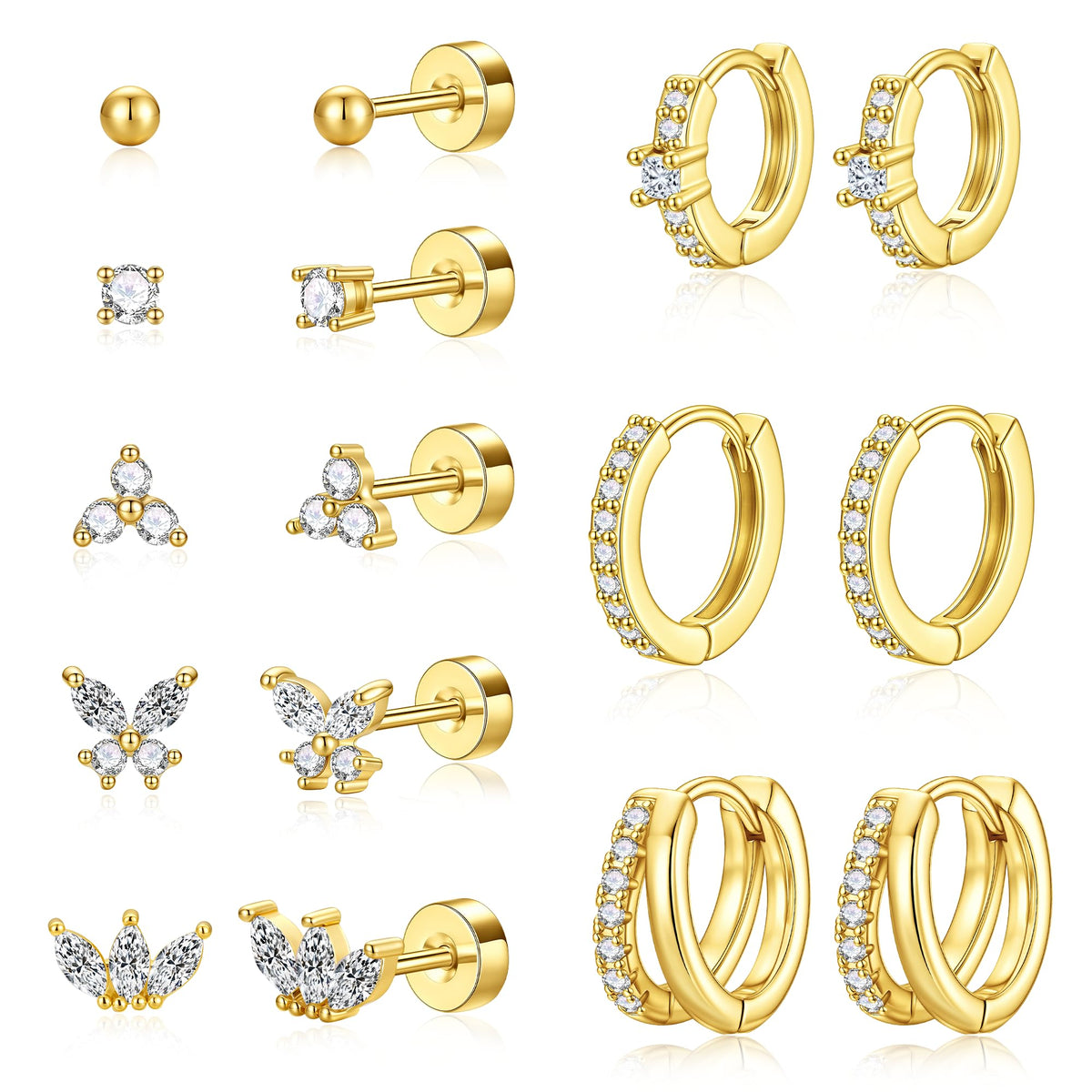 Turandoss 14K Gold Plated Hoop Stud Earrings for Women Hypoallergenic surgical steel Stackable Huggie Earrings Set for Multiple Piercings, Dainty Cartilage Lobe Jewelry Set