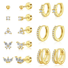Turandoss 14K Gold Plated Hoop Stud Earrings for Women Hypoallergenic surgical steel Stackable Huggie Earrings Set for Multiple Piercings, Dainty Cartilage Lobe Jewelry Set