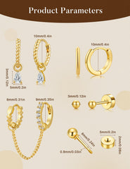 Turandoss Gold Earrings for Women 14K Gold Plated Dangle Hoop Earrings with Chain Hypoallergenic Cubic Zirconia Earring Stacks for Sensitive Ears for Women Girls