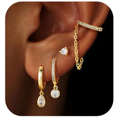 Turandoss 18K Gold Plated Earrings for Women Dangle Hoop Earrings with Chain Hypoallergenic Cubic Zirconia Earring Stacks for Sensitive Ears Birthday Gifts for Her Teen Mom Girlfriend Ideas