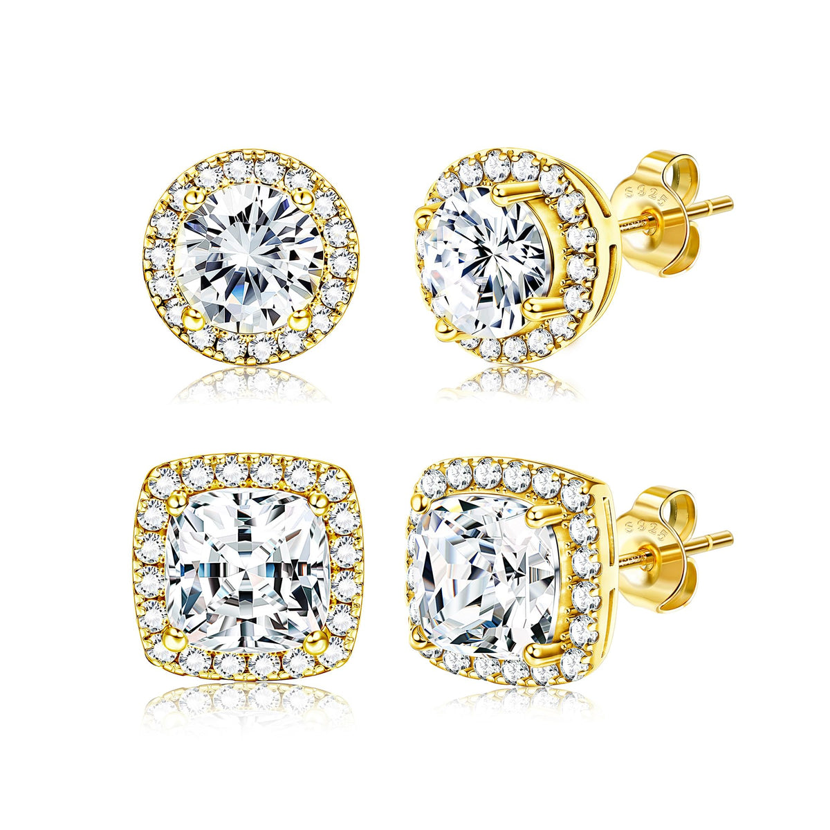Turandoss 18K Gold Plated Halo Stud Earrings for Women 925 Sterling Silver Cubic Zirconia Stud Earrings Round Square Diamonique Stud Earrings Set Jewelry Gifts for Women Men Girls