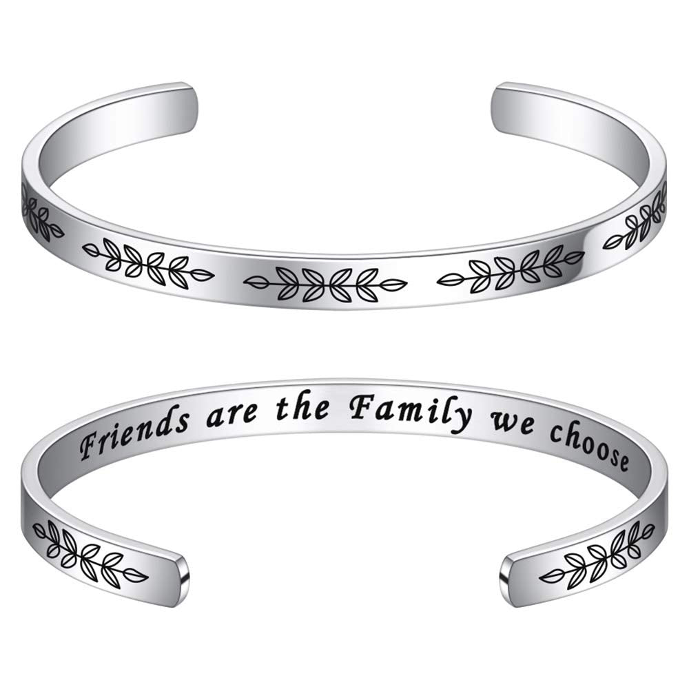 Turandoss Silver Cuff Bangle Bracelet for Women Girls, Friendship Promise Bracelets, Birthday Valentine's Day Gifts, Friends Are The Family We Choose