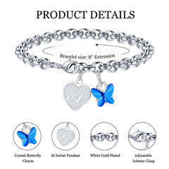 Turandoss Silver Heart Charm Initial Bracelets for Girls Women,  Crystal Butterfly Likn Letter Bracelet, Birthday Valentine's Day Gifts for Girls