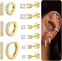 Turandoss 9Pairs Flat Back Stud Earrings for Women Girls, CZ Hoop Huggie Cartilage Clip on Earring, Birthday Gift, Valentine's Day Gifts for Wife Mom