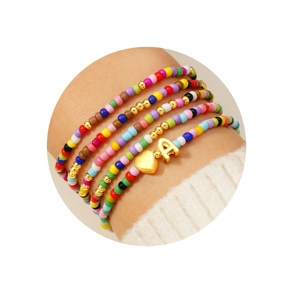 Turandoss 5PCS Gold Heart Initial Bracelets for Women Girls - Colorful Boho Stretch Beaded Bracelet Set for Kids, Birthday Gifts for Girl Age 6 -14