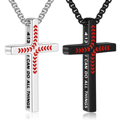 Turandoss 2Pcs Baseball Cross Necklace for Men Boys - Black Silver Stainless Steel Bible Verse Cross Pendant Necklaces, Gifts for Men, Chain 20 inch