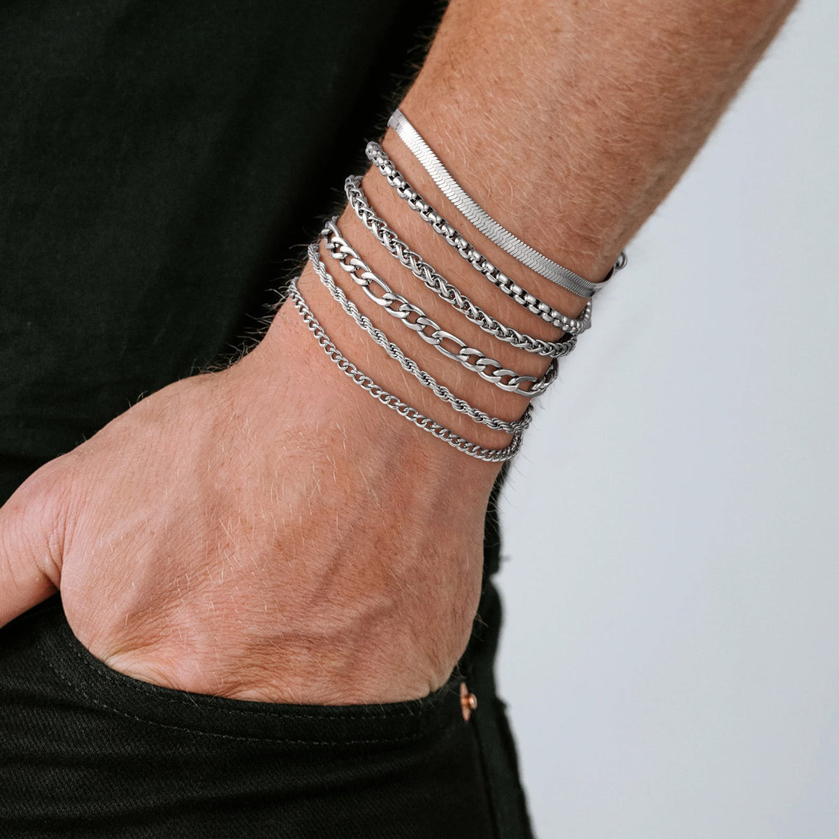 Turandoss 6PCS Silver Chain Bracelet for Men Boys - Stainless Steel Snake Figaro Rope Cuban Link Bracelets, Chain Bracelet Stack, Gifts for Men