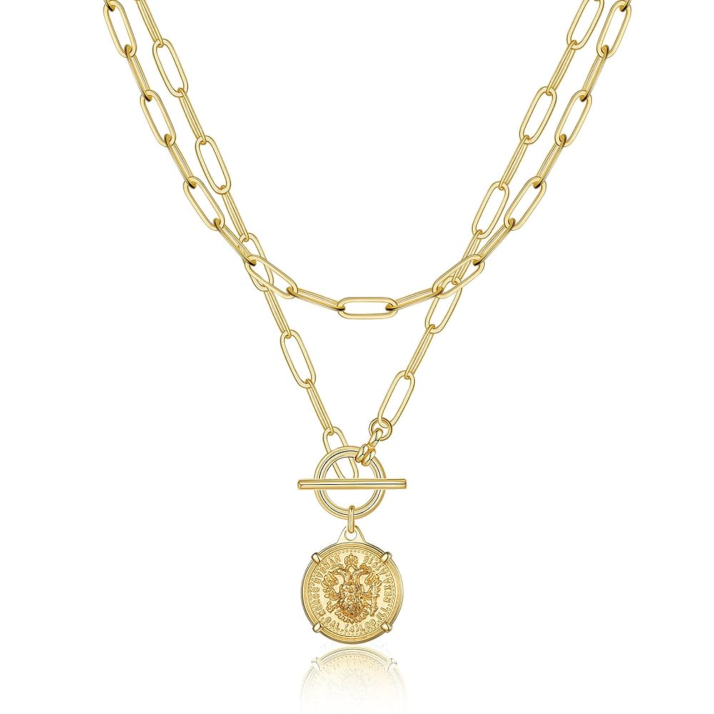 Turandoss 18K Gold Layered Necklaces for Women, Dainty Choker Pendant Necklace with Paperclip Chain, Gold Jewelry for Women, Christmas Gifts for Women