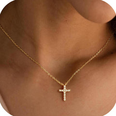 Turandoss Gold Cross Necklace for Women Girls, Dainty Zircon Pendant Necklace for Women Trendy, Gold Jewelry for Her, Birthday Gifts, 16+2.5Inches