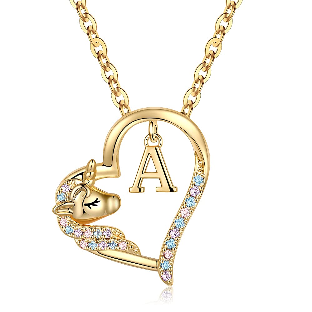 Turandoss Gold Heart Unicorn Necklace for Girls - Initial Zircon Pendant Necklace for Kids 4 -13 Year Old, Unicorn Birthday Gifts for Girls, 18+2.5In