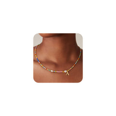 Turandoss Colorful Beaded Necklace for Women Girls, Dainty Gold Initial Pearl Bead Choker Necklace, Cute Birthday Gifts for Girls, 16+2.5Inches, A
