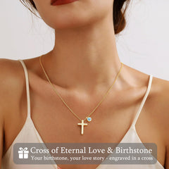 Turandoss Graduation Gift for Her, 14K Gold Plated Cross Birthstone Necklace, Dainty Pendant Jewelry for Women