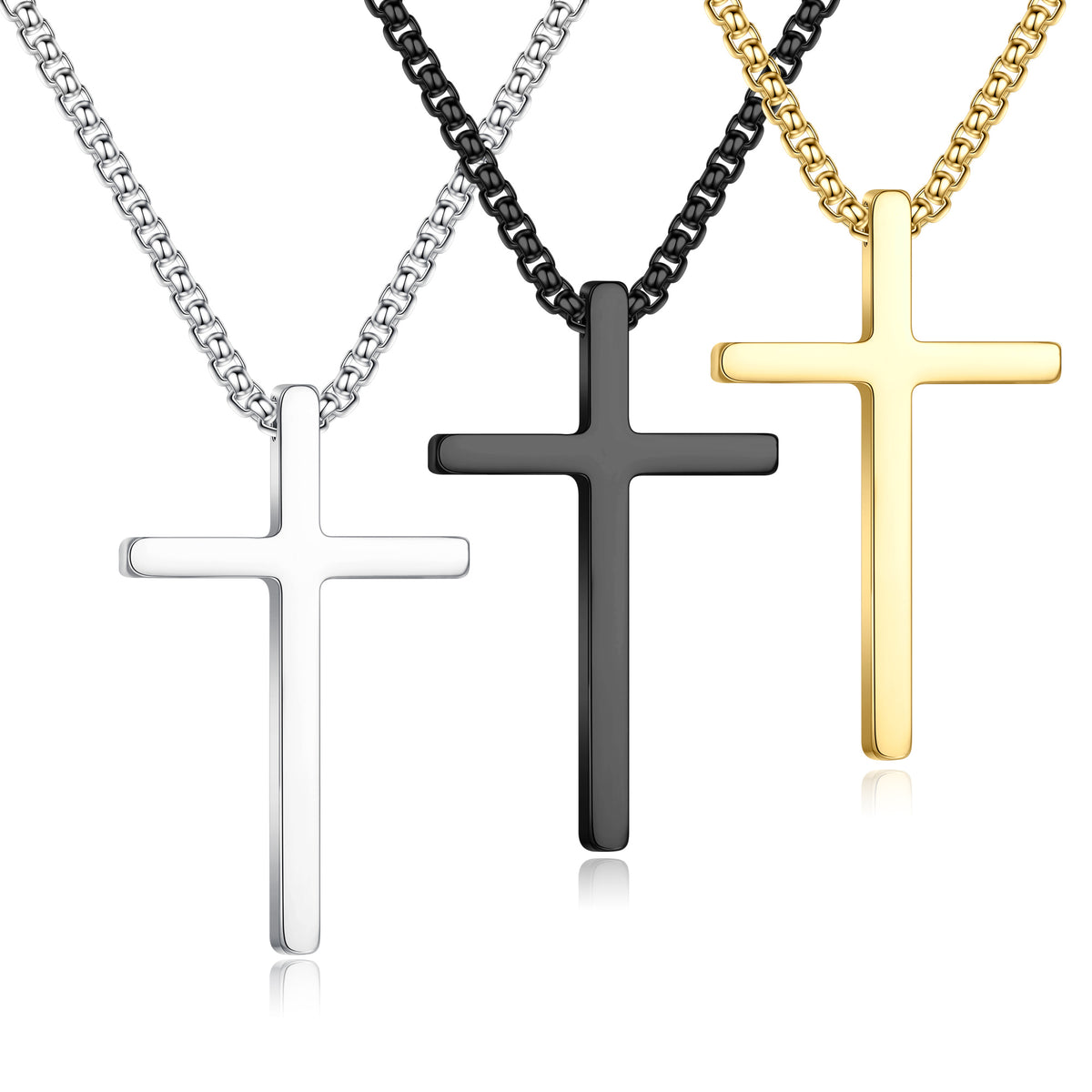 Turandoss 3PCS Silver Black Gold Cross Necklace for Men Boys, Stainless Steel Pendant Necklaces, Jewelry for Men, Birthday Gifts for Boys