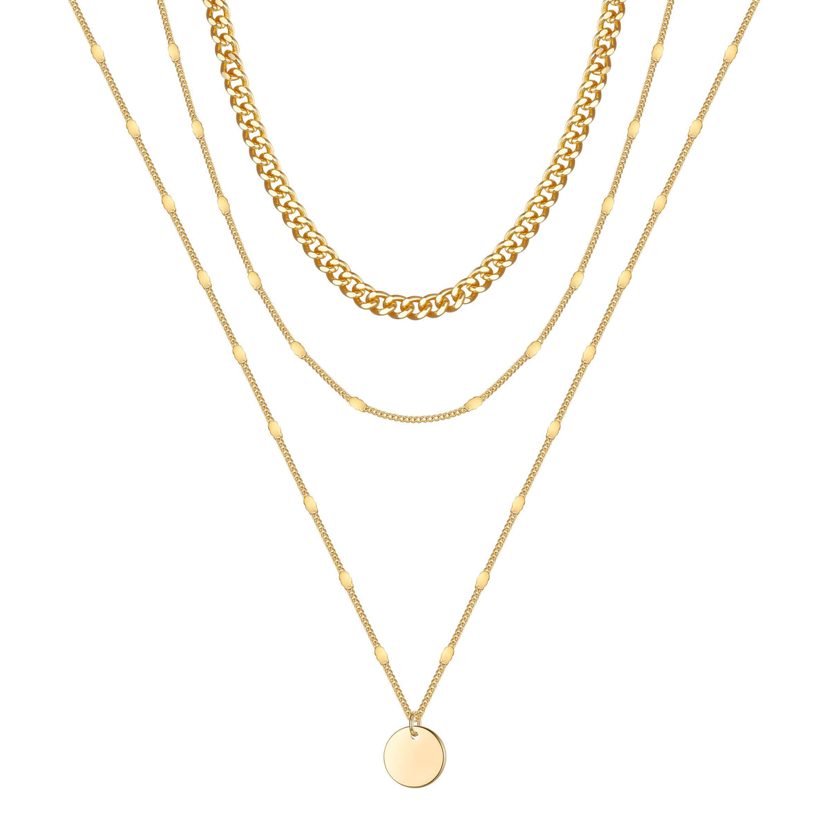 Turandoss 18K Gold Layered Necklaces for Women - Disc Pendant Necklace with Cuban Chain, Gold Jewelry for Women, Christmas Gifts, 14+2/18+2/20+2In