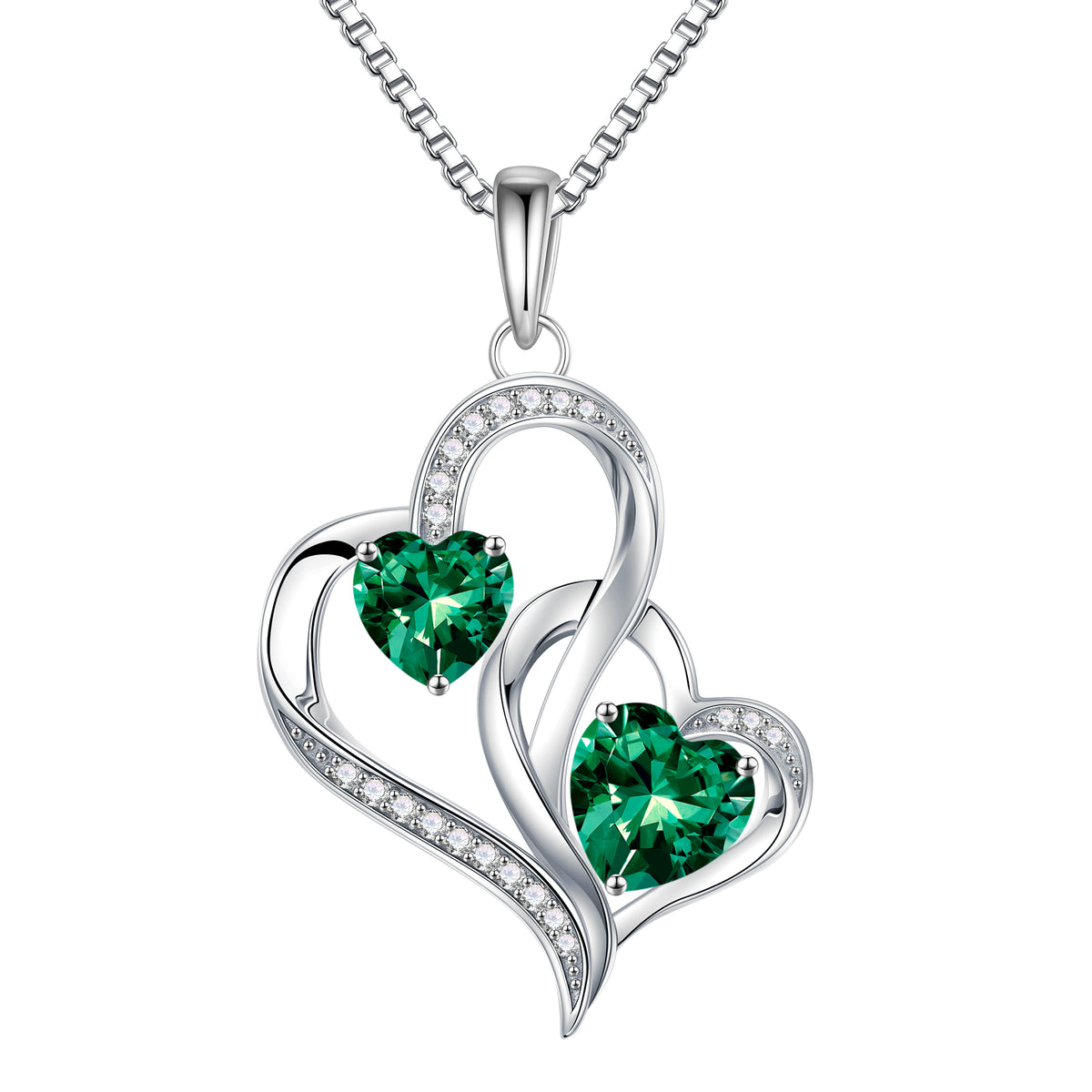 Turandoss Double Heart Birthstone Necklace for Women 925 Sterling Silver CZ Emerald CZ Trendy Unique Jewelry Mothers Day Birthday Anniversary Valentines Day Gifts for Women Wife Her