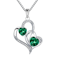 Turandoss Double Heart Birthstone Necklace for Women 925 Sterling Silver CZ Emerald CZ Trendy Unique Jewelry Mothers Day Birthday Anniversary Graduation Gifts for Women Wife Her