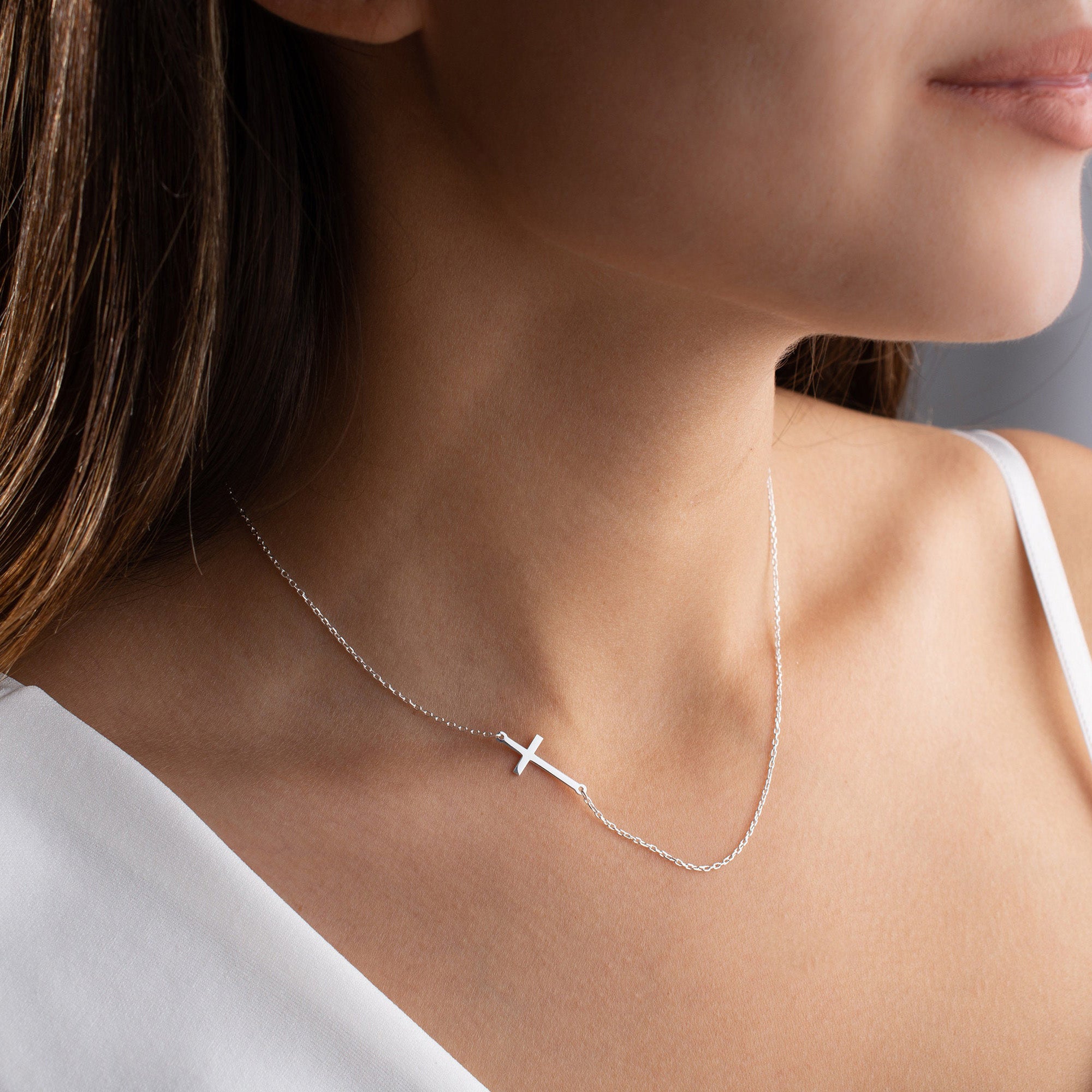 Silver Sideway Cross Necklace for Women