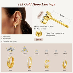 Turandoss 7Pairs Flat Back Stud Earrings for Women Girls, CZ Hoop Huggie Cartilage Clip on Earring, Birthday Gift, Valentine's Day Gifts for Wife Mom