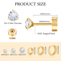 Turandoss 9Pairs Flat Back Stud Earrings for Women Girls, CZ Hoop Huggie Cartilage Clip on Earring, Birthday Gift, Valentine's Day Gifts for Wife Mom