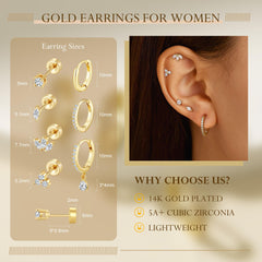 Turandoss 7Pairs Flat Back Stud Earrings for Women Girls, CZ Hoop Huggie Cartilage Dnagle Earring, Birthday Gift, Valentine's Day Gifts for Wife Mom