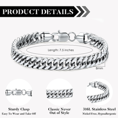 Turandoss Silver Black Cuban Link Bracelet for Men Teen Boys, Dainty Stainless Steel Chains Non Tranish, Birthday Gifts, Valentine's Day Gift for Men