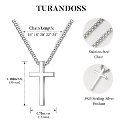 Turandoss Silver Cross Necklace for Men Boys, Stainless Steel Cross Pendant Mens Necklace, Birthday Gift for Him, Valentine's Day Gifts from Wife