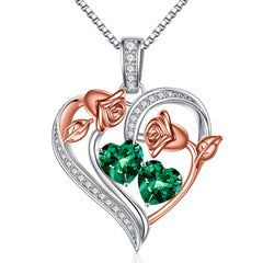 Turandoss Heart Birthstone Necklace for Women 925 Sterling Silver Double Rose Birthstone CZ Trendy Jewelry Mothers Day Birthday Graduation Gifts for Women Wife Her