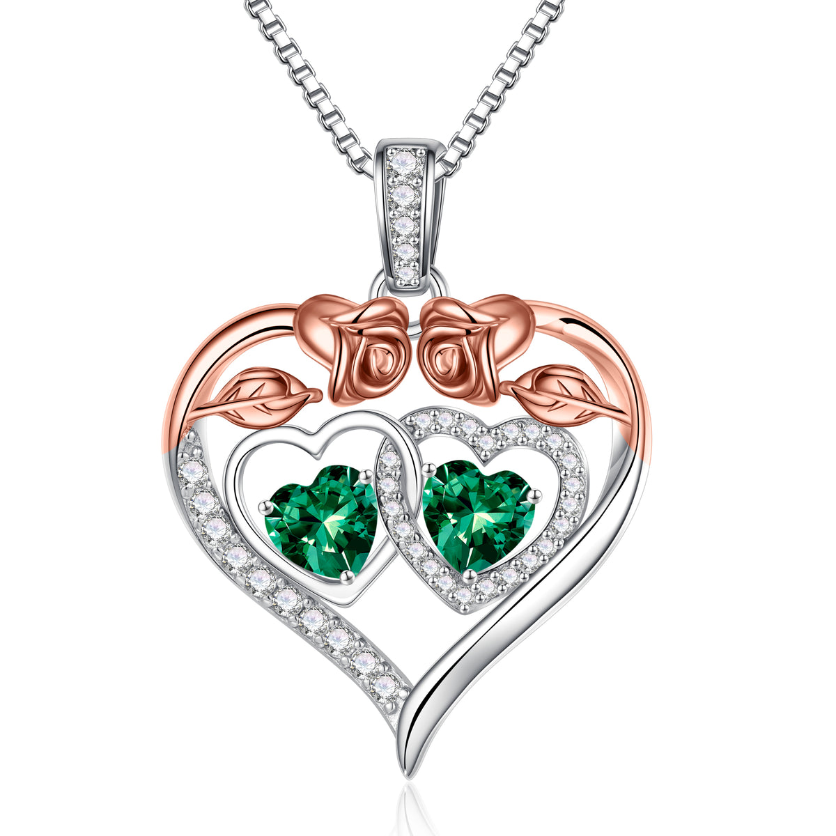 Turandoss Heart Birthstone Necklace for Women 925 Sterling Silver Double Rose Birthstone CZ Trendy Jewelry Mothers Day Birthday Valentines Day Gifts for Women Wife Her