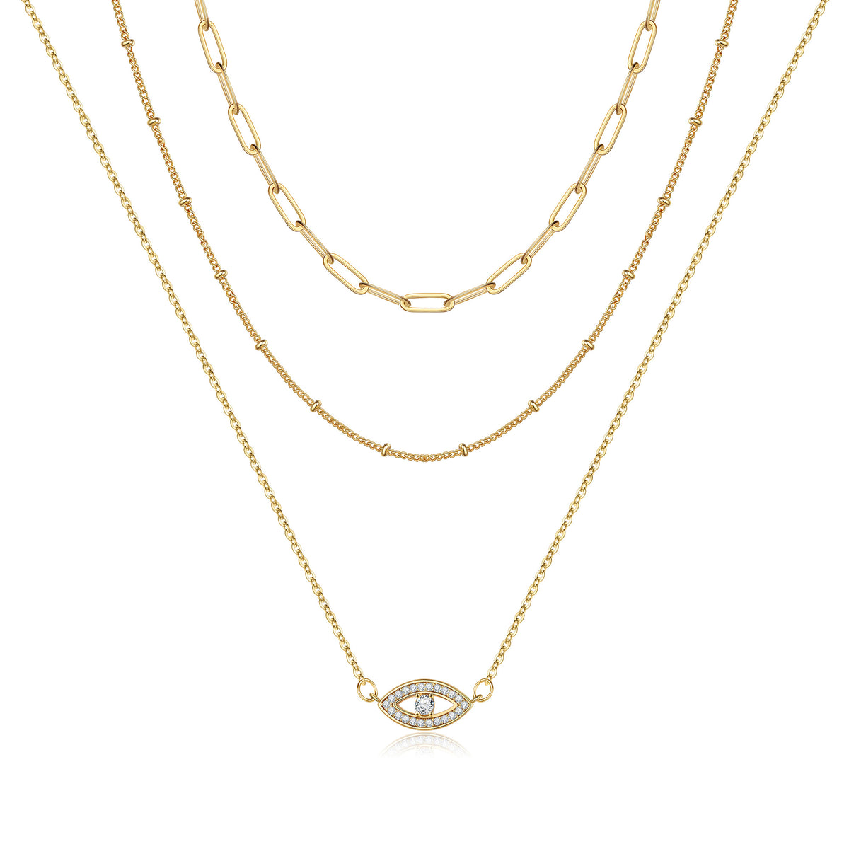 3PCS Link Chain&Beads Chain&CZ Evil EyeDainty Layered Choker Necklace