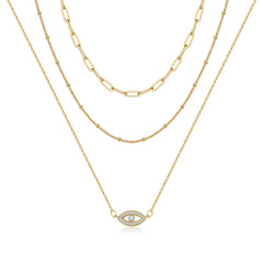 3PCS Link Chain&Beads Chain&CZ Evil EyeDainty Layered Choker Necklace