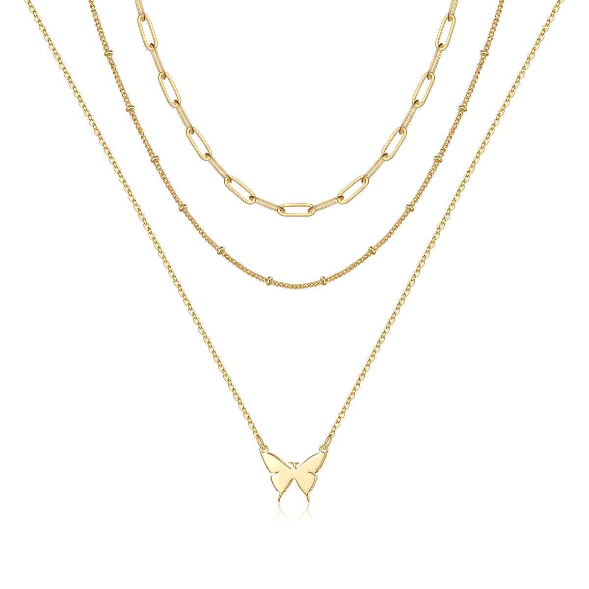 3PCS Link Chain&Beads Chain&Butterfly Dainty Layered Choker Necklace