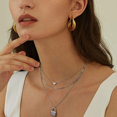 3PCS Heart&Link Chain&Lock Dainty Layered Choker Necklace