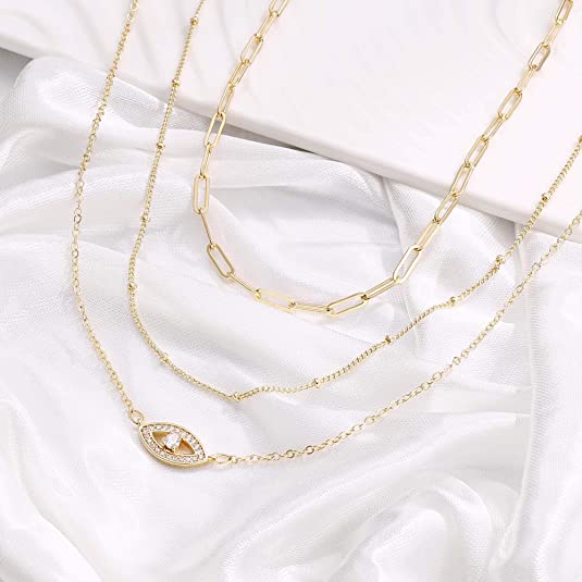 3PCS Link Chain&Beads Chain&CZ Evil EyeDainty Layered Choker Necklace