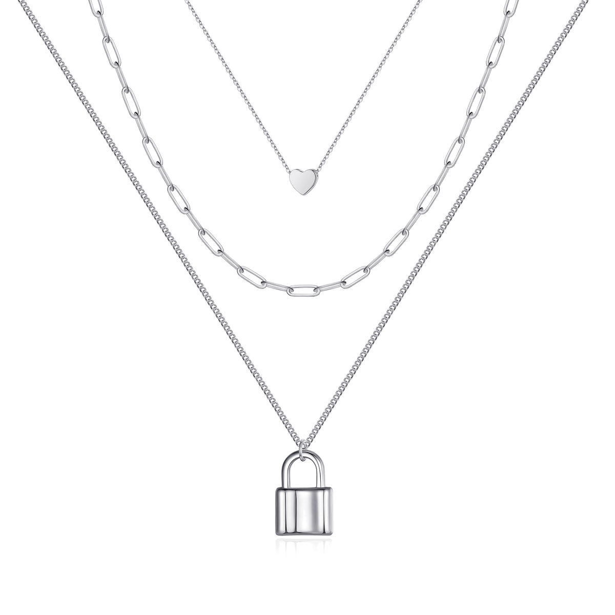 3PCS Heart&Link Chain&Lock Dainty Layered Choker Necklace