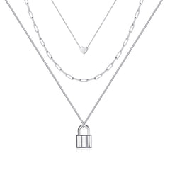 3PCS Heart&Link Chain&Lock Dainty Layered Choker Necklace